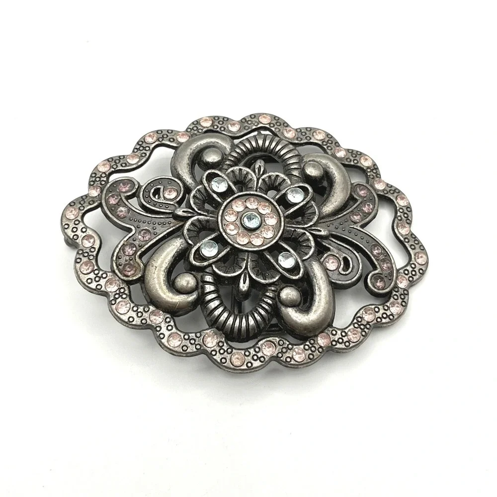Vintage Silver Tone Floral Filigree Belt Buckle Pink‎ Blue Rhinestone 3.25in